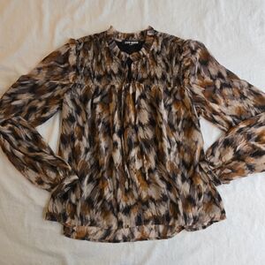 Steve Madden Smocked Tie Neck Blouse Abstract Brown & Black Print